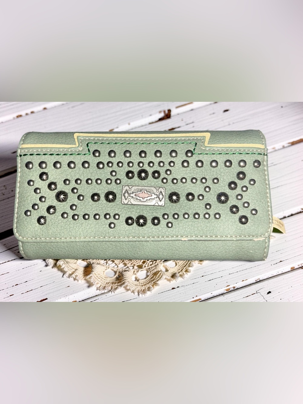 Montana West Green Studded Southwestern Western Black Leather Wallet Brand New